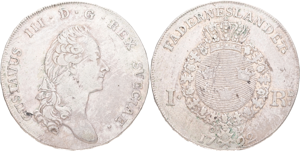GUSTAV III (1771-1792). Riksdaler 1792.