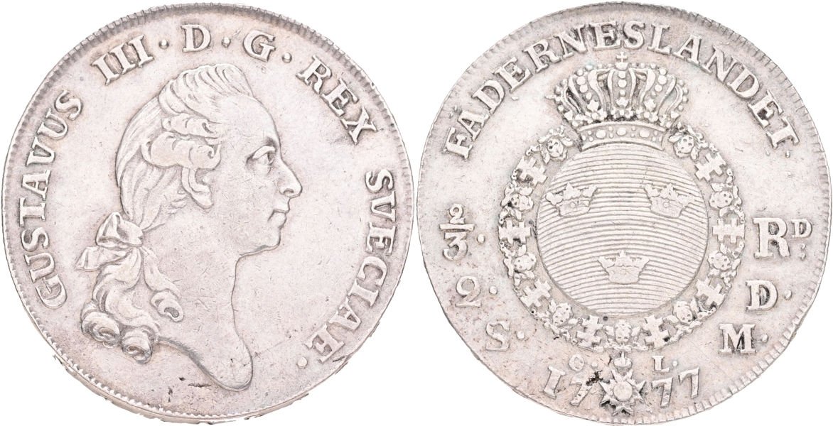 GUSTAV III (1771-1792). 2/3 riksdaler 1777.