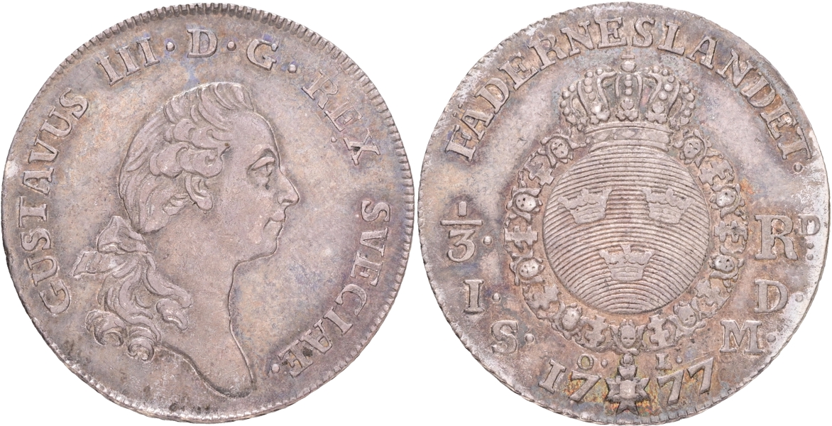 GUSTAV III (1771-1792). 1/3 riksdaler 1777.