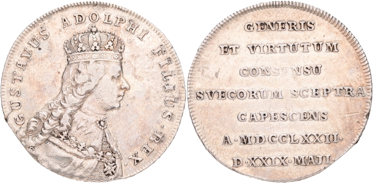 GUSTAV III (1771-1792). 1/3 riksdaler 1772. Kastmynt till kungens kröning.