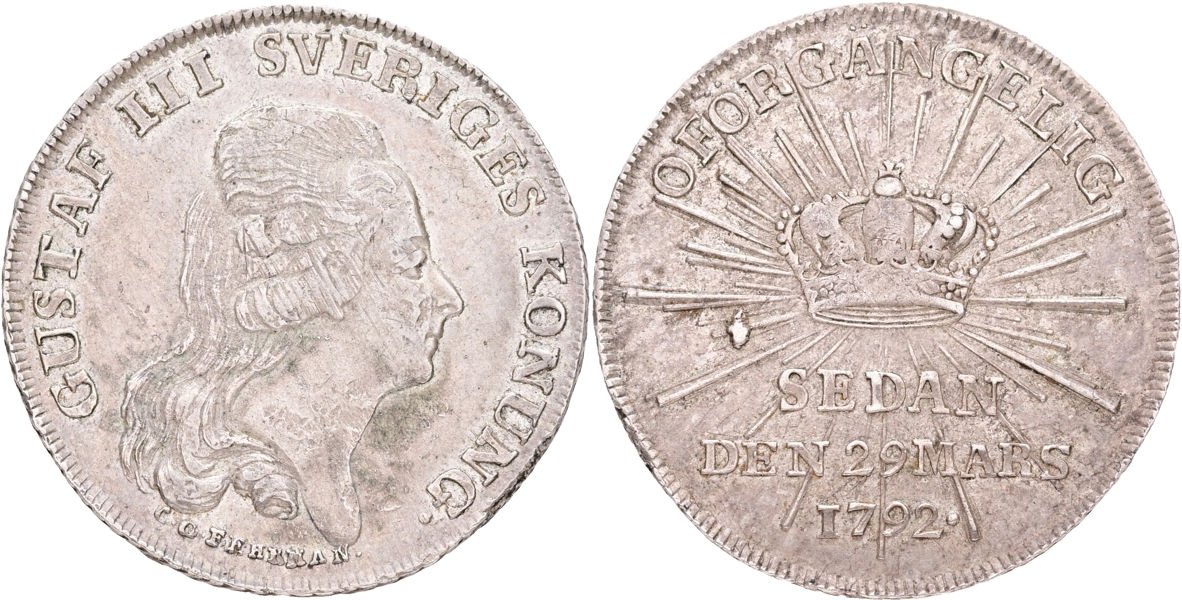 GUSTAV III (1771-1792). 1/3 riksdaler 1792. Kastmynt till kungens begravning.