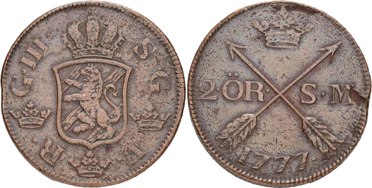 GUSTAV III (1771-1792). 2 öre SM 1777.