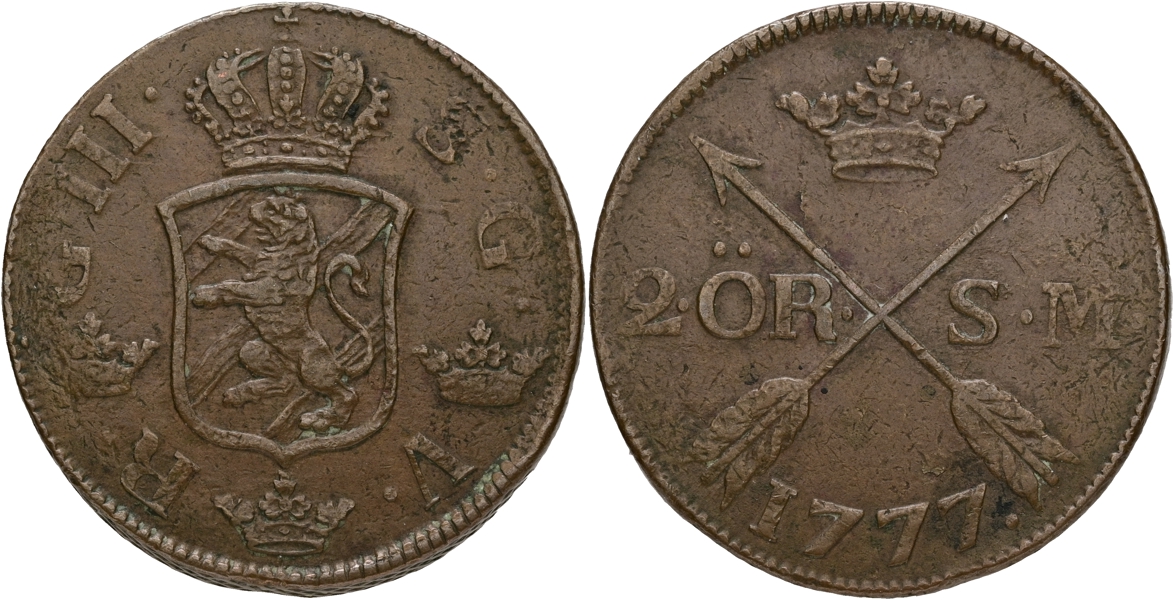 GUSTAV III (1771-1792). 2 öre SM 1777.