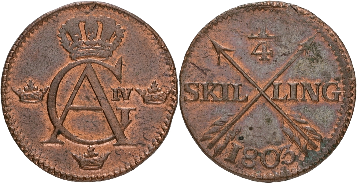 GUSTAV IV ADOLF (1792-1809). 1/4 skilling 1803.