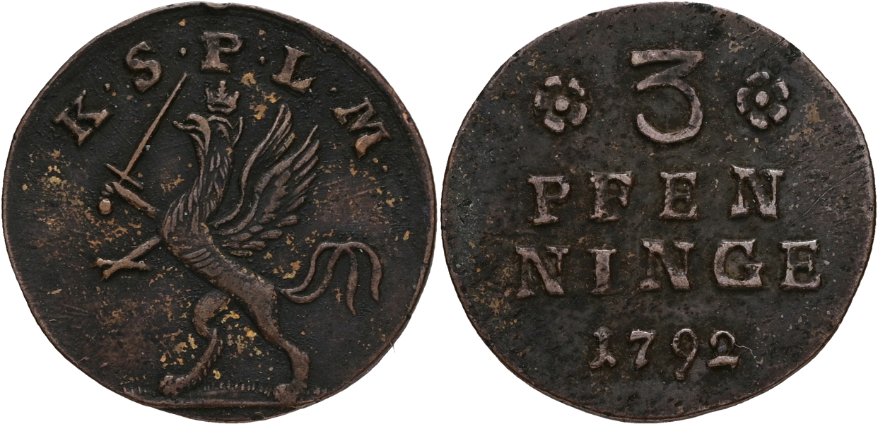 GUSTAV IV ADOLF (1792-1809). 3 pfennige 1792.