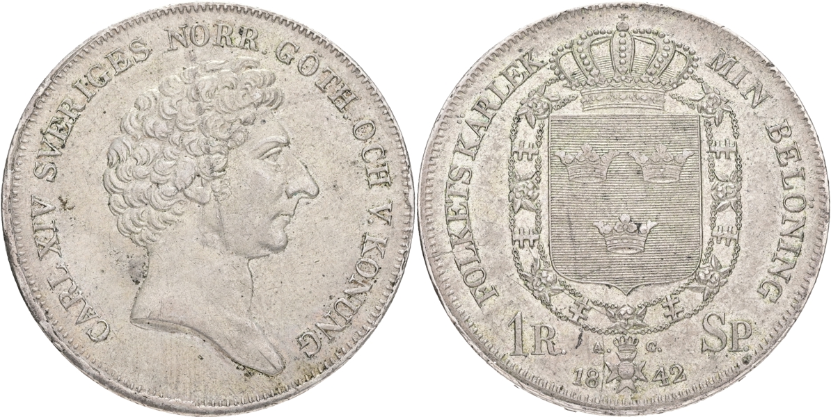 KARL XIV JOHAN (1818-1844). Riksdaler specie 1842.