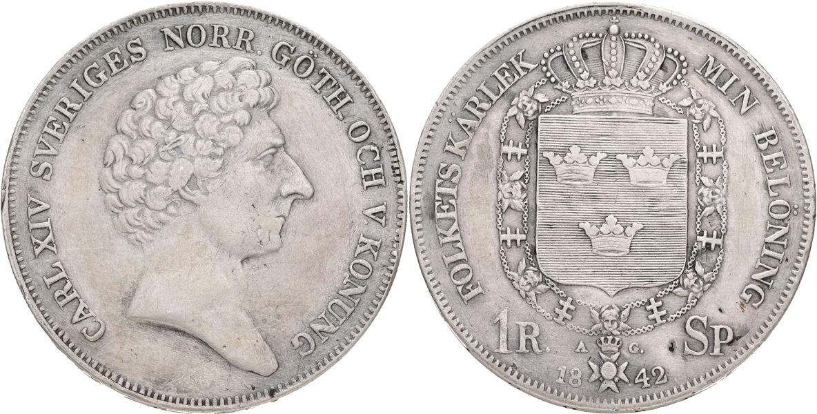 KARL XIV JOHAN (1818-1844). Riksdaler specie 1842.