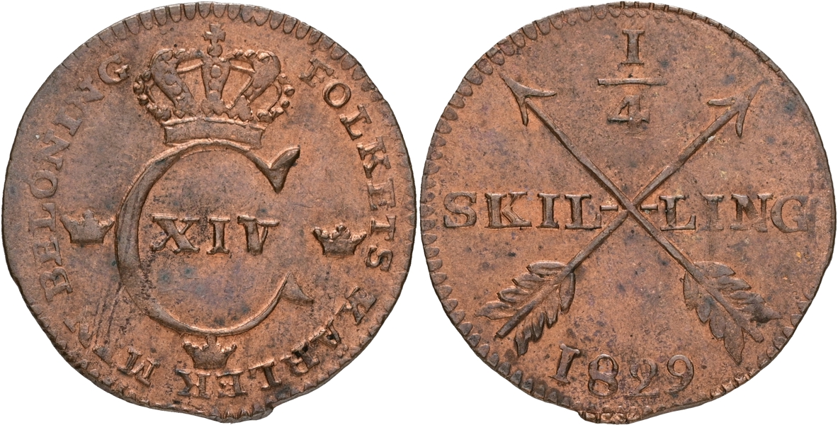 KARL XIV JOHAN (1818-1844). 1/4 skilling 1829.