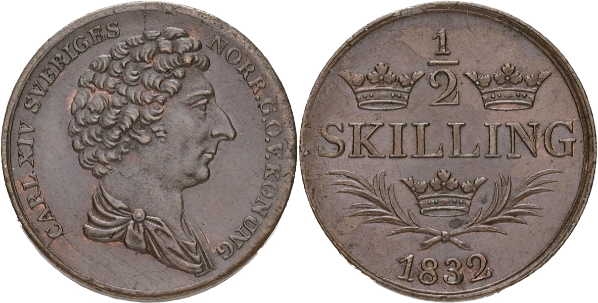 KARL XIV JOHAN (1818-1844). 1/2 skilling 1832.