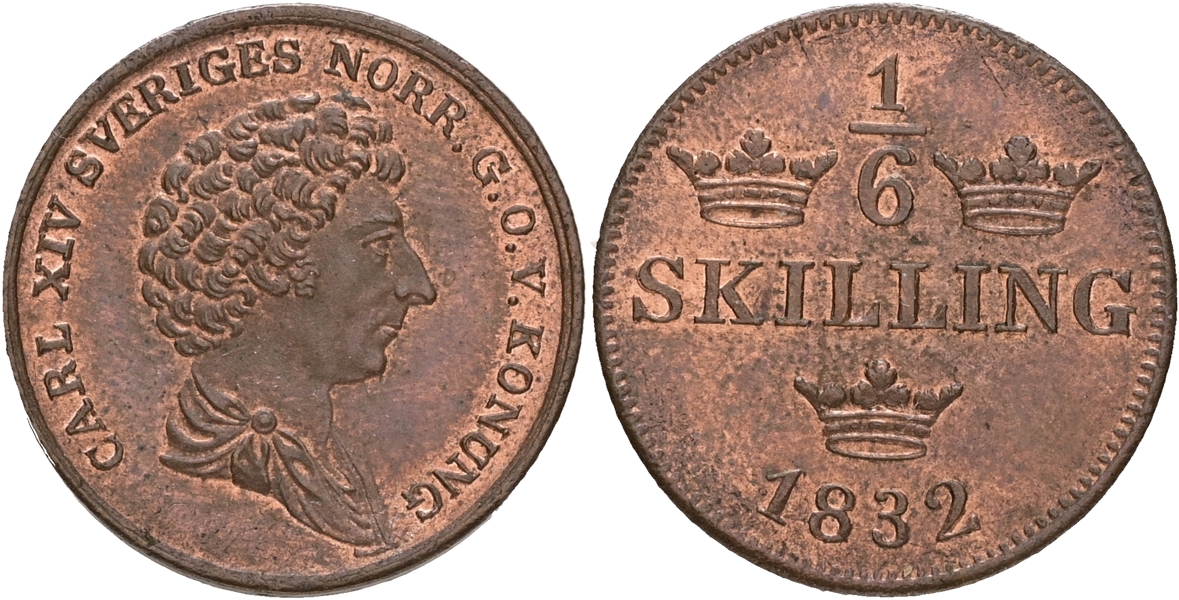 KARL XIV JOHAN (1818-1844). 1/6 skilling 1832.