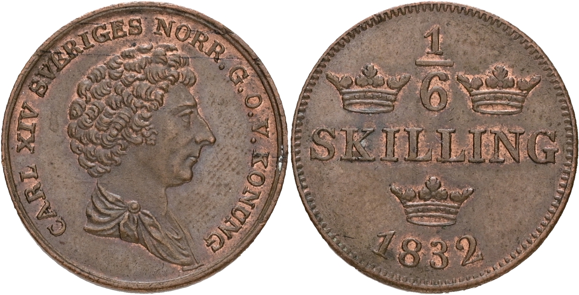 KARL XIV JOHAN (1818-1844). 1/6 skilling 1832.