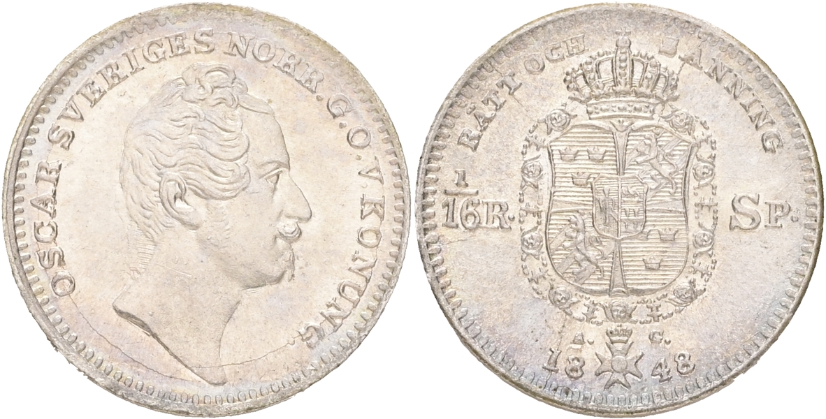 OSKAR I (1844-1859). 1/16 riksdaler specie 1848.
