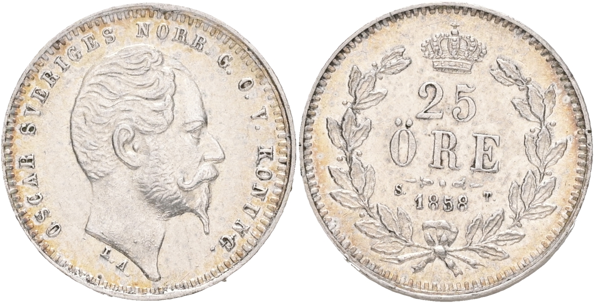 OSKAR I (1844-1859). 25 öre 1858.