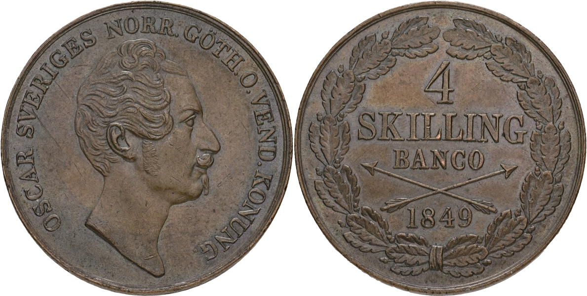 OSKAR I (1844-1859). 4 skilling banco 1849.