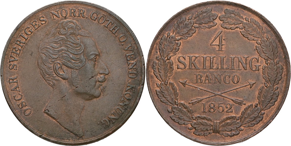 OSKAR I (1844-1859). 4 skilling banco 1852.