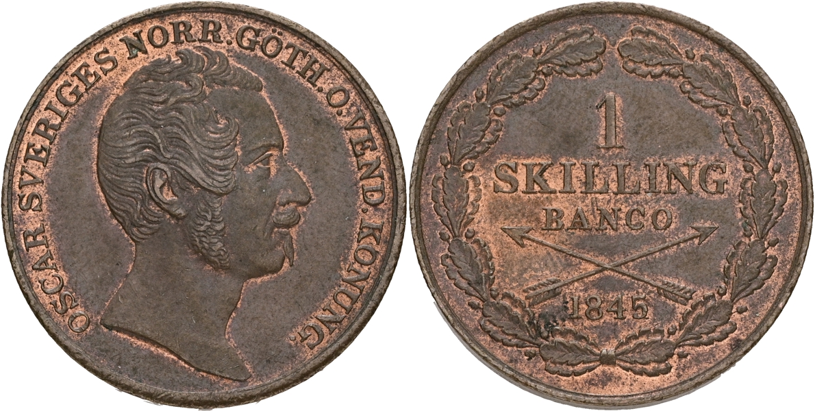 OSKAR I (1844-1859). Skilling banco 1845.