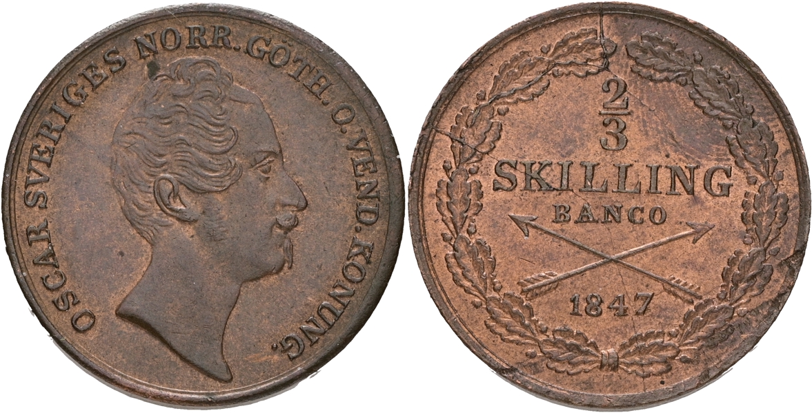 OSKAR I (1844-1859). 2/3 skilling banco 1847.
