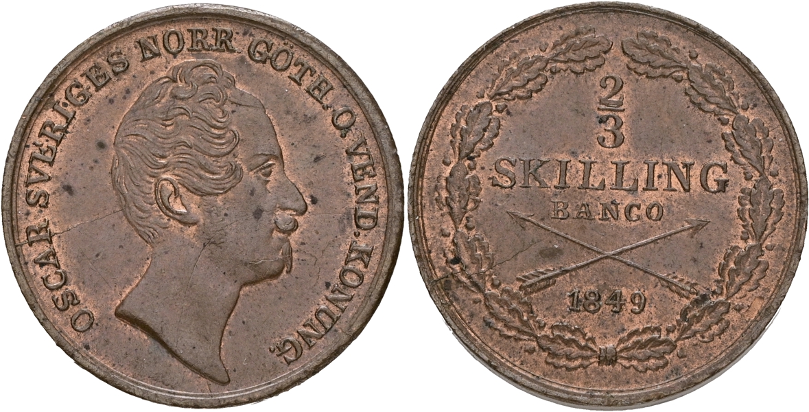 OSKAR I (1844-1859). 2/3 skilling banco 1849.