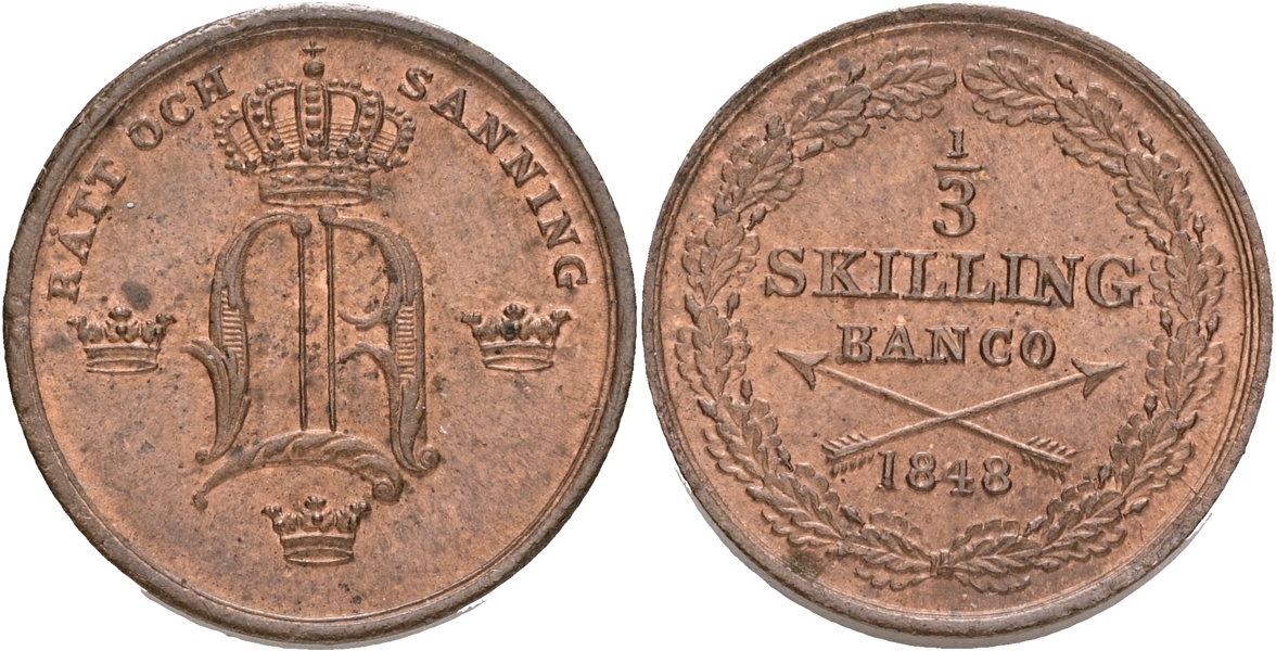 OSKAR I (1844-1859). 1/3 skilling banco 1848. 