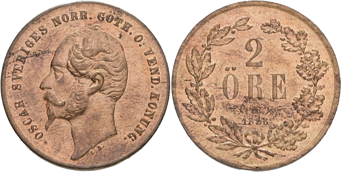 OSKAR I (1844-1859). 2 öre 1857.
