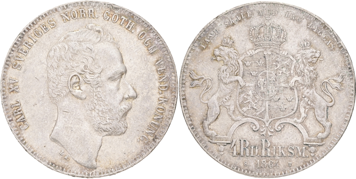 KARL XV (1859-1872). 4 riksdaler riksmynt 1864.