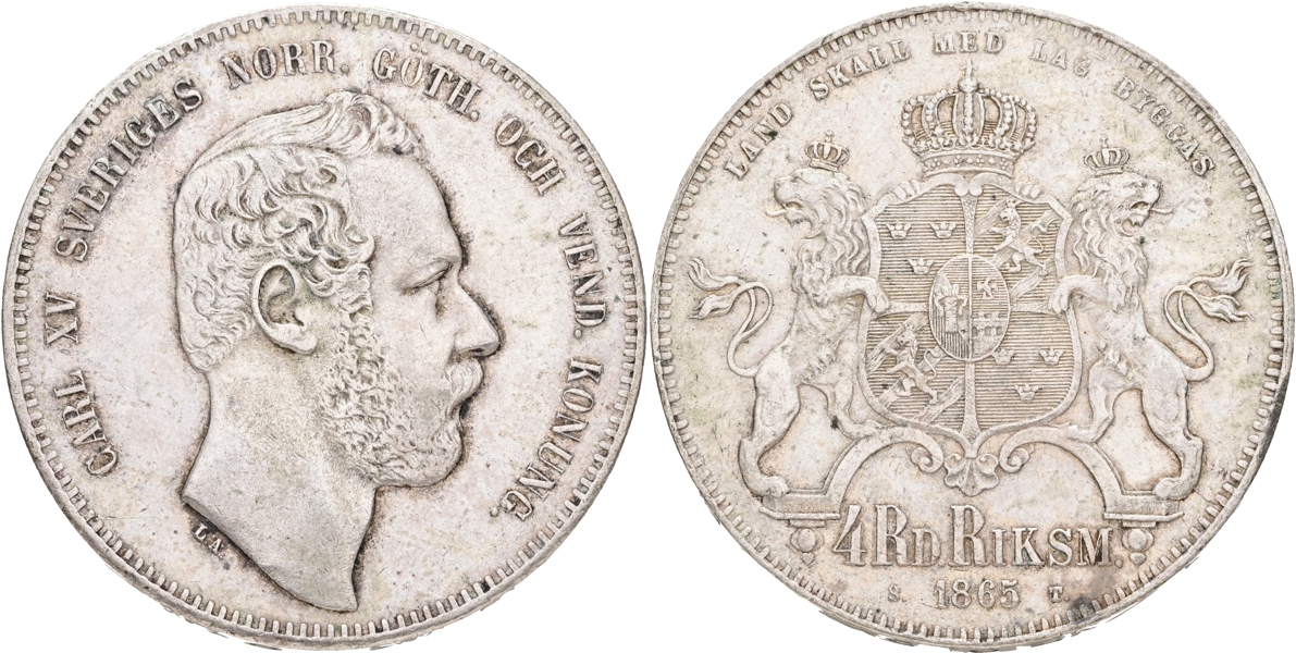 KARL XV (1859-1872). 4 riksdaler riksmynt 1865.