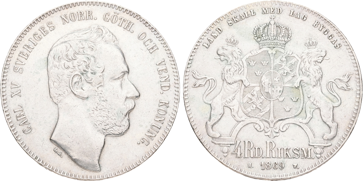 KARL XV (1859-1872). 4 riksdaler riksmynt 1869.