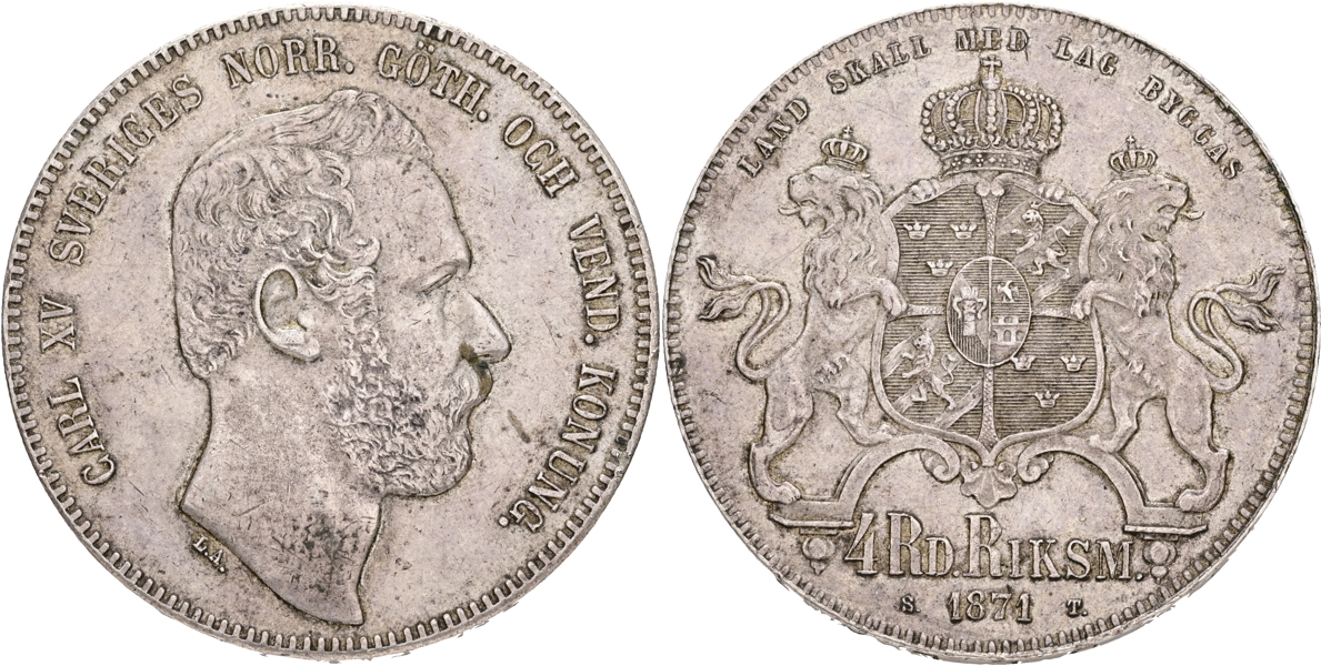 KARL XV (1859-1872). 4 riksdaler riksmynt 1871.