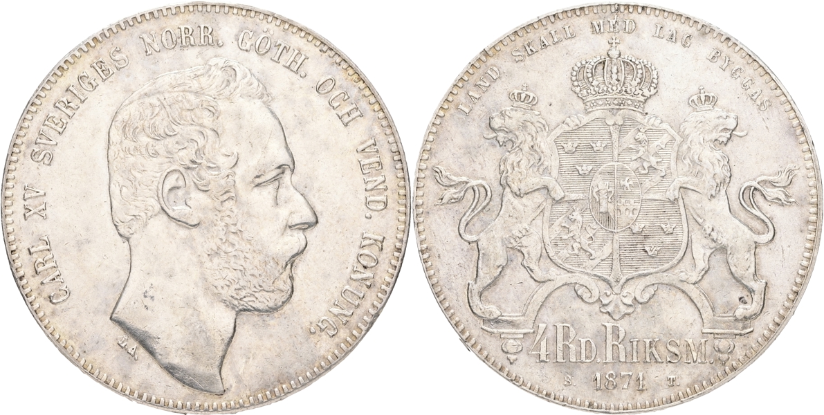 KARL XV (1859-1872). 4 riksdaler riksmynt 1871.
