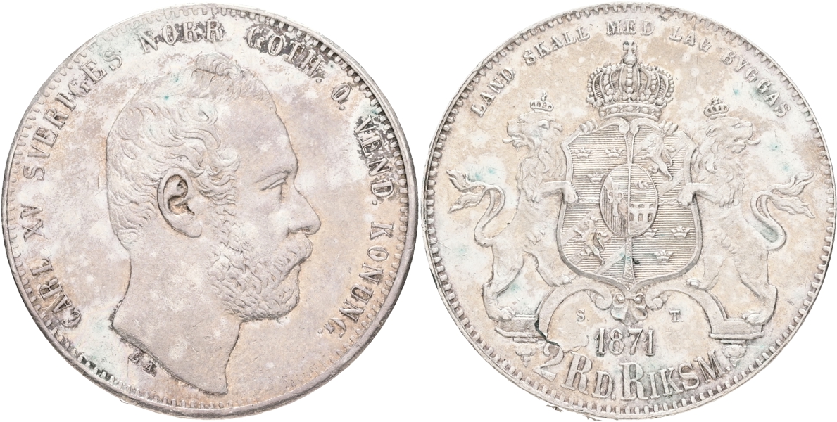 KARL XV (1859-1872). 2 riksdaler riksmynt 1871.