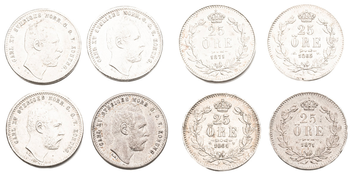 KARL XV (1859-1872). Lot of 4.