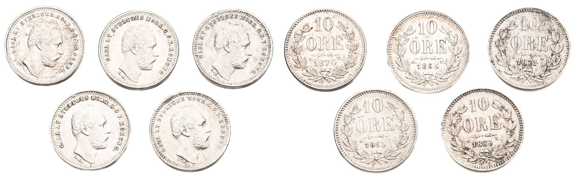 KARL XV (1859-1872). Lot of 5.