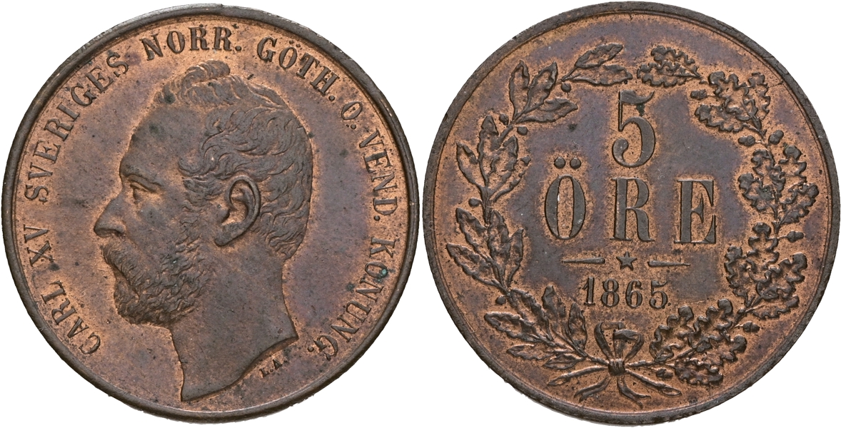 KARL XV (1859-1872). 5 öre 1865.