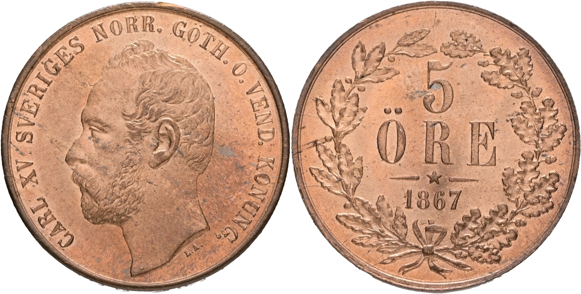 KARL XV (1859-1872). 5 öre 1867.