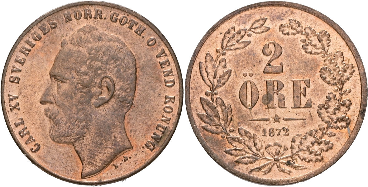 KARL XV (1859-1872). 2 öre 1872.