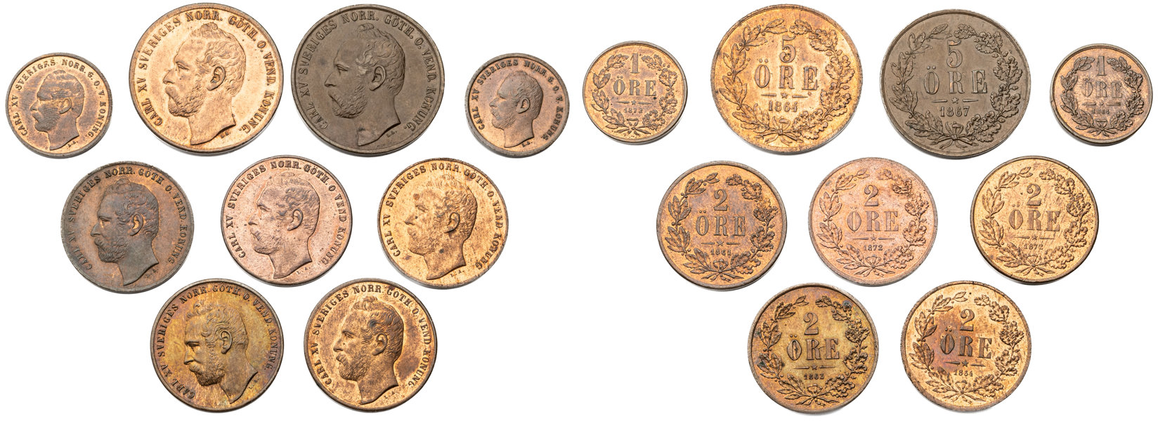 KARL XV (1859-1872). Lot of 9.