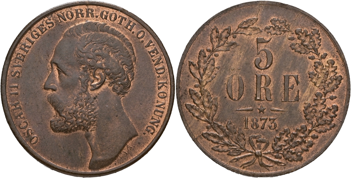 OSKAR II (1872-1907). 5 öre 1873.