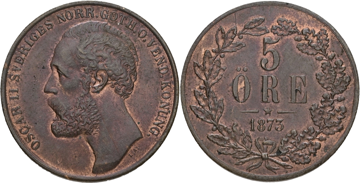OSKAR II (1872-1907). 5 öre 1873.