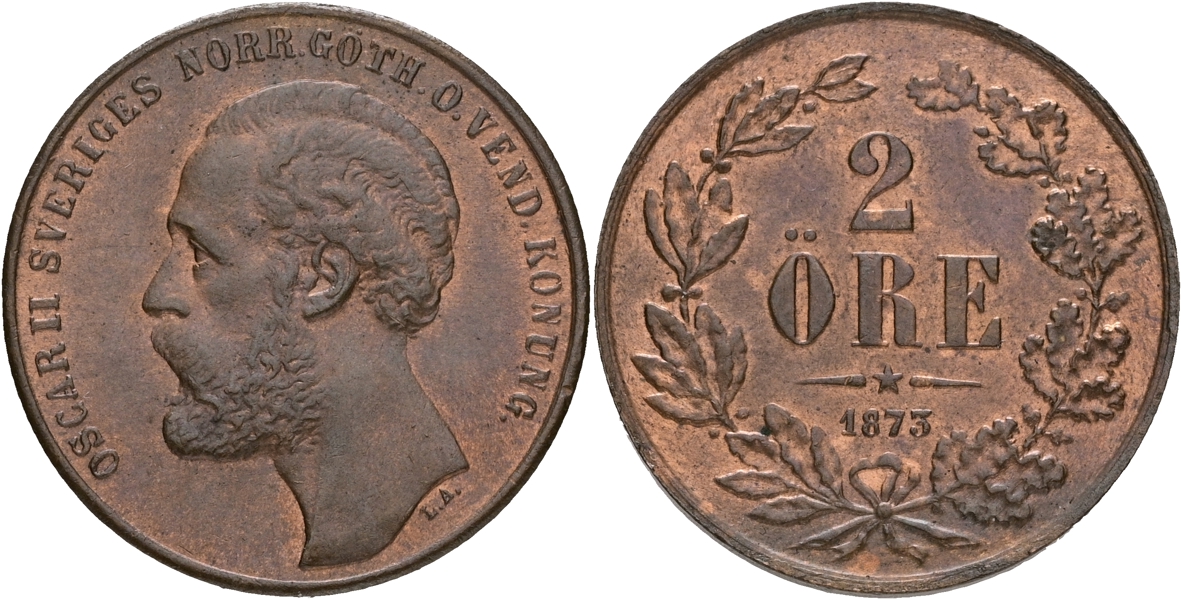 OSKAR II (1872-1907). 2 öre 1873.