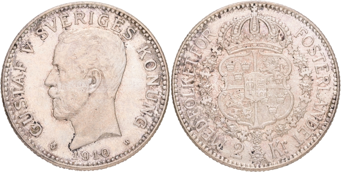 GUSTAV V (1907-1950). 2 kronor 1910.