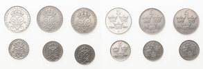 GUSTAV V (1907-1950). 5 öre 1917, 1918, 1919, 2 öre 1917, 1918, 1919.