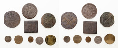 2 öre 1608, 2 öre hammarpräglad utan synligt årtal, 1 öre 1629 (Säter), 2 öre KM 1663, 1 öre SM 1677, 1 öre 1734, 1 öre KM 1724, 1/2 öre 1858, pollett Stora Kopparberg 11 tunnor.
