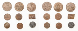 Fyrk 1624, 1635, 1 öre SM 1759, 1/2 skilling 1809, 1/4 skilling 1799, 3 pfennige 1806, 1/12 skilling 1812, 1 öre 1865, 2 öre 1919.