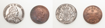 STOCKHOLM. Riksdaler 1746 (kantskador, gniden), 4 skilling banco 1849 (putsad).