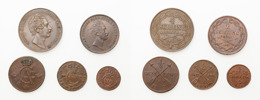 1/2 skilling 1802, 1/4 skilling 1820, 1/6 skilling 1830, 4 skilling banco 1849, 2 skilling banco 1847.