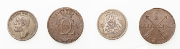 1/2 skilling 1815, 1 krona 1889 (porträtt med hårlock).