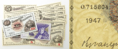 20 kronor Selma Lagerlöf (krympt?), 10 kronor 1938, 5 kronor 1947 (13 ex, varav 12 med en 2:a i vattenmärket), 5 kronor 1948 (med en 2:a i vattenmärket).