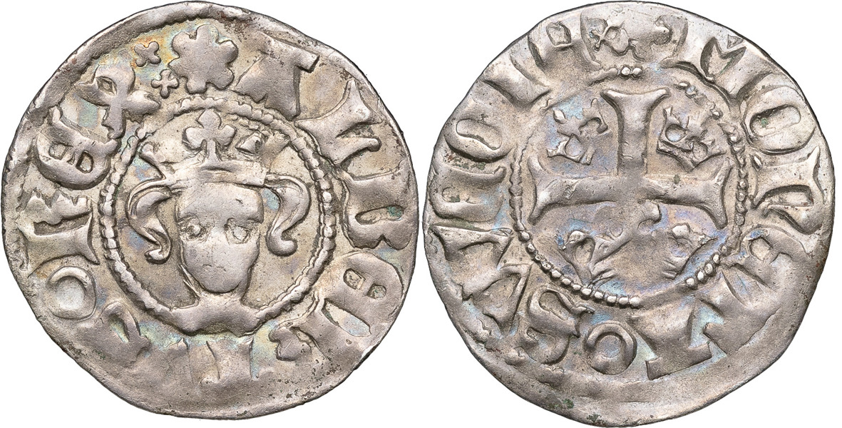 ALBREKT AV MECKLENBURG (1364-1389). STOCKHOLM. Örtug med krönt, framåtvänt kungahuvud)(kors inom inre ring.