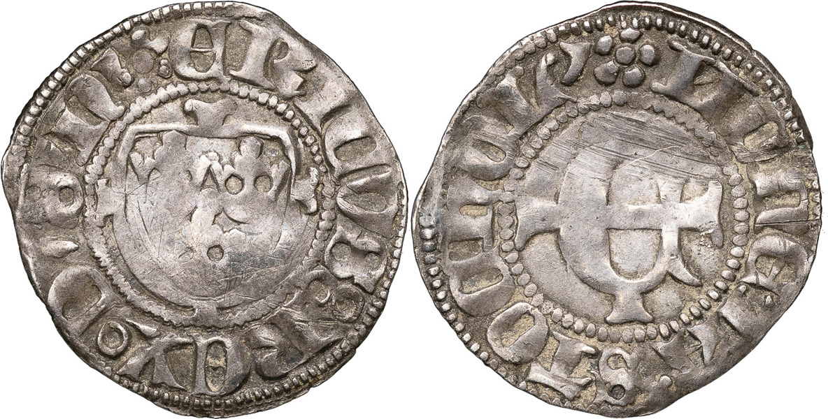 ERIK AV POMMERN (1396-1439). STOCKHOLM. Örtug med trekronorssköld på litet kors)(uncialt E på litet kors.