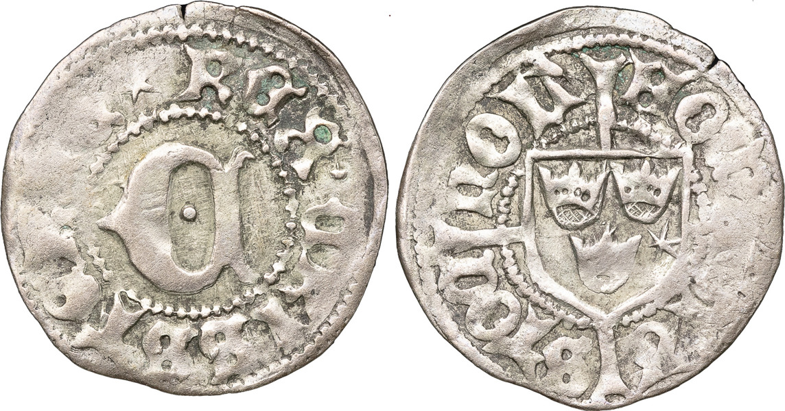KRISTIAN I (1457-1461). STOCKHOLM. Örtug med uncialt C)(trekronorssköld på stort kors.
